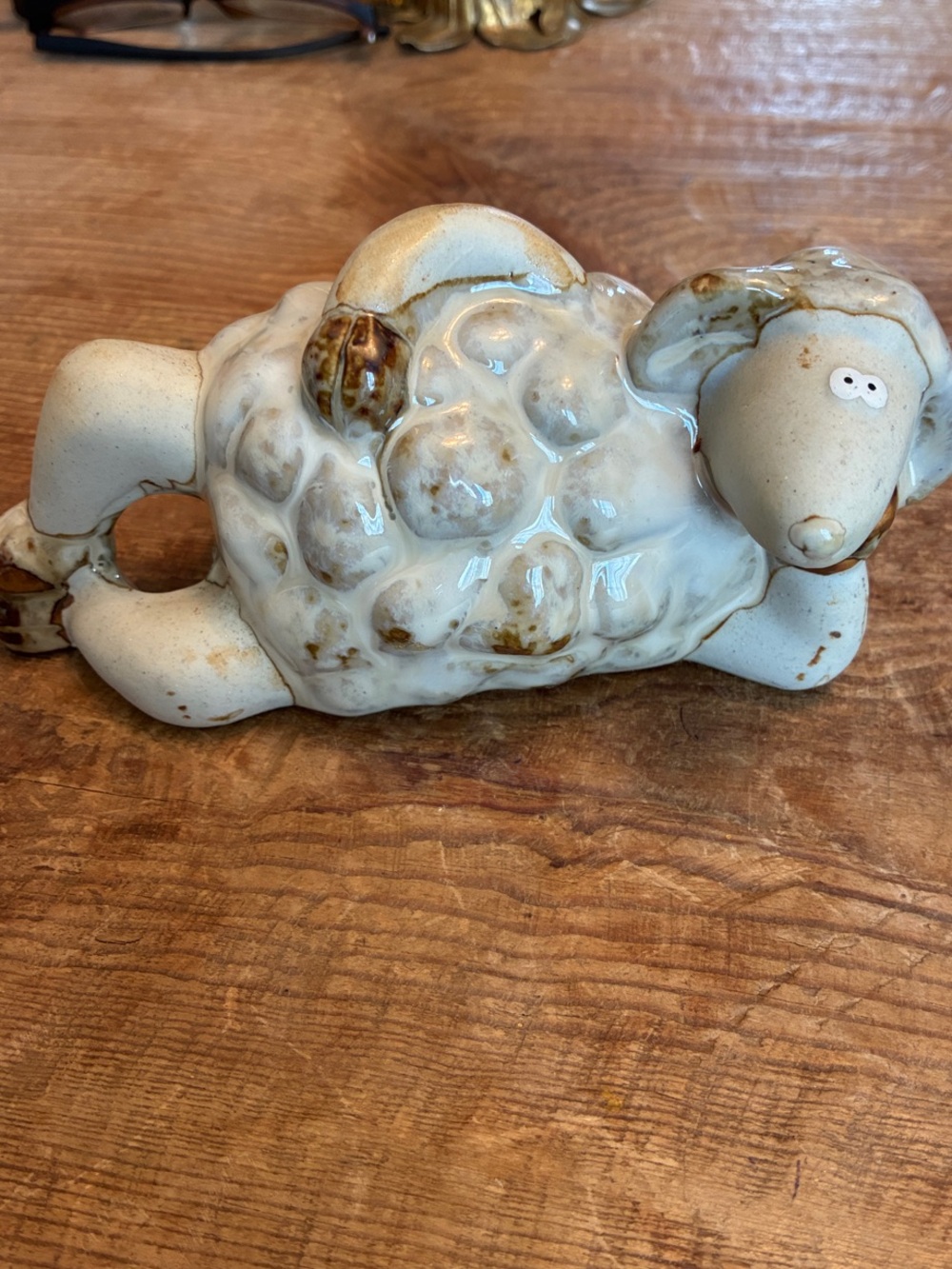 Glazed Ceramic Sheep Figurine in Cream and Brown mid century pottery